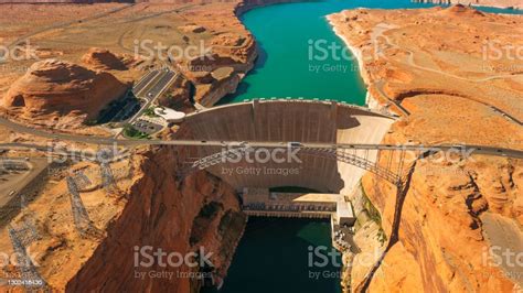 Aerial View Glen Canyon Dam And Glen Canyon Dam Bridge Stock Photo ...