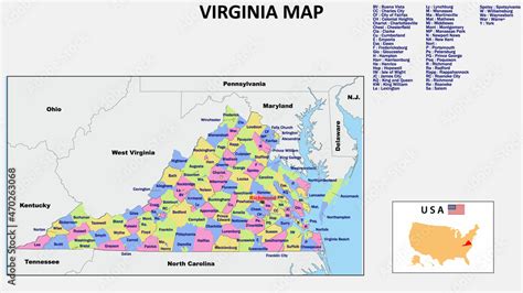 Virginia Map. State and district map of Virginia. Political map of Virginia with neighboring ...