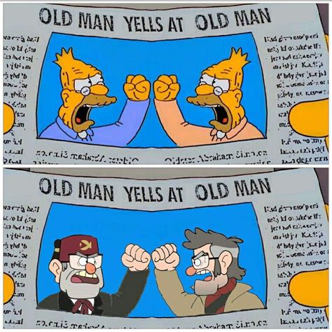 two newspaper pages with cartoon characters in the middle one has an old man yelling at another