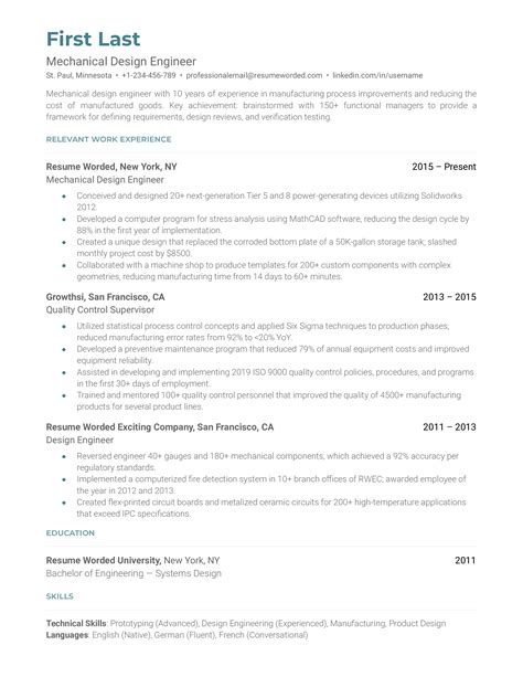 Mechanical Design Engineer Resume Example for 2023 | Resume Worded