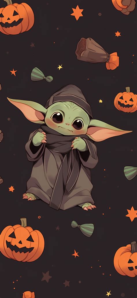 Halloween Baby Yoda & Pumpkins Pattern Wallpapers for iPhone