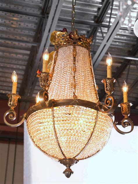 Antique Bronze French Crystal Beaded Basket Chandelier For Sale at 1stdibs