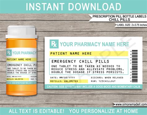 Prescription Chill Pill Labels Template | Emergency Chill Pills | Gag Gift