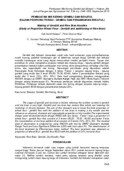 PEMBUATAN MIE KERING GEMBILI DAN BEKATUL (KAJIAN PROPORSI TERIGU : GEMBILI DAN PENAMBAHAN ...