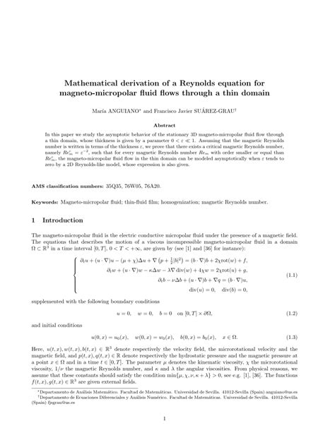 (PDF) Mathematical derivation of a Reynolds equation for magneto-micropolar fluid flows through ...