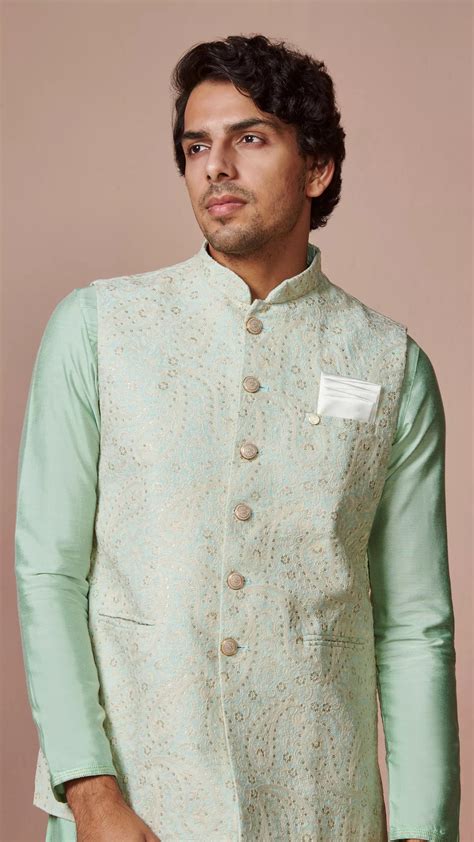 Buy Mint Green Paisley Jacket Online in India @Manyavar - Nehru Jacket for Men