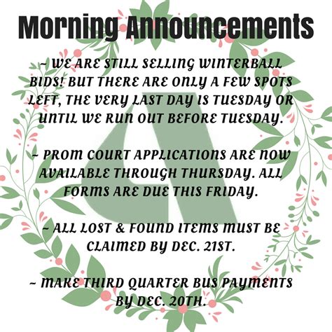 AHS Morning Announcements Dec. 5 to 9, 2016