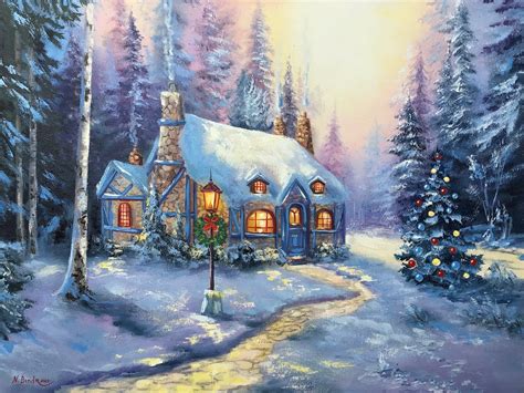 Christmas Cottage Painting Landscape Original Art Winter Painting New England Countryside ...