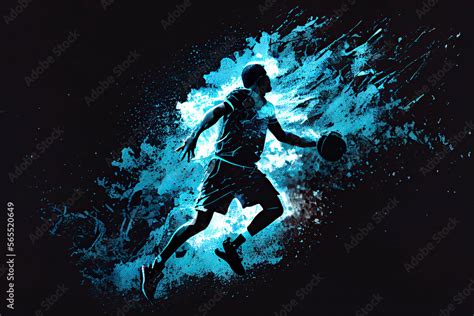 Abstract silhouette of a basketball player man in action isolated blue ...