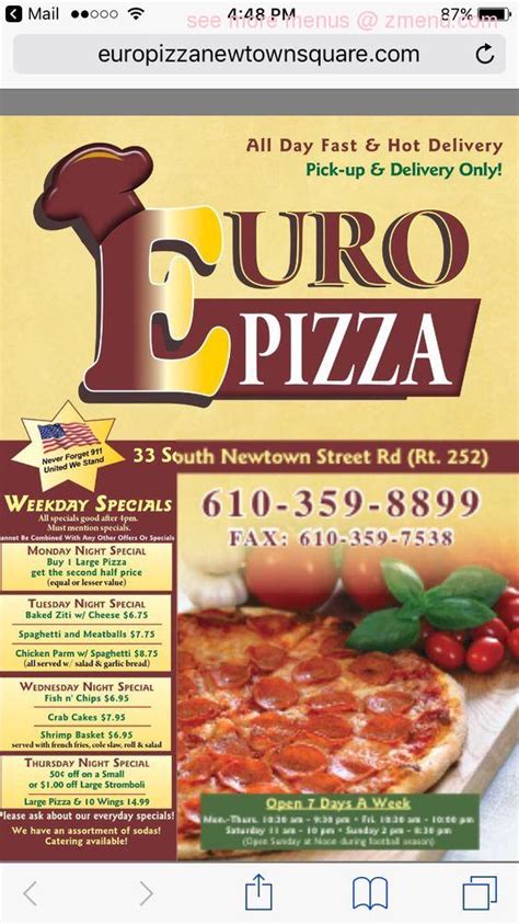 Online Menu of Euro Pizza Restaurant, Newtown Square, Pennsylvania, 19073 - Zmenu