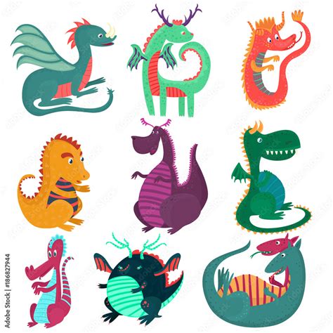 Cute funny dragon characters set, cchildish cartoon style fairy dragons vector Illustrations ...