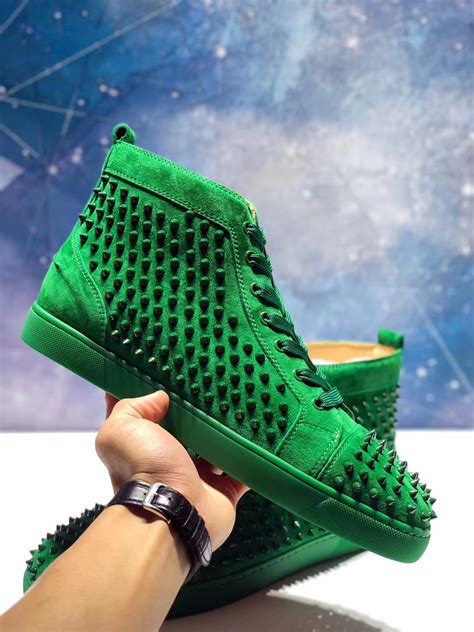 red bottom shoes for men - Christian Louboutin Green Suede High Top Spikes Flats Men Sneakers ...