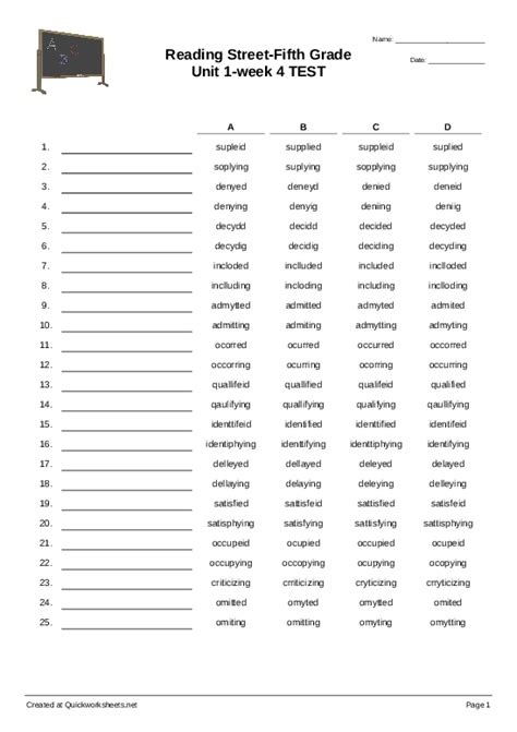 Reading Street-Fifth Grade Unit 1-week 4 TEST - Spelling Test - Quickworksheets