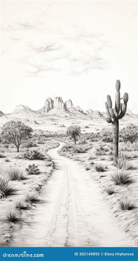 Desert Solitude: Lonely Road in Pencil Drawing Stock Image - Image of peaceful, nature: 302149895