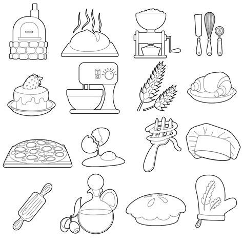 Bakery Production Icons Set Outline Cartoon Style, Car Drawing, Cartoon Drawing, Cart Drawing ...