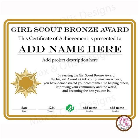 Girl Scout Junior Printable Bronze Award Certificate (editable PDF ...