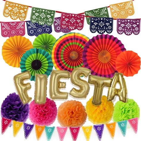 Buy Mexican Fiesta Party Decorations – Cinco De Mayo - 6 Paper Fans, 5 Flowers Pom Poms, Papel ...