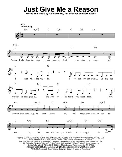 Just Give Me A Reason by Pink featuring Nate Ruess Sheet Music for Pro Vocal at Sheet Music Direct