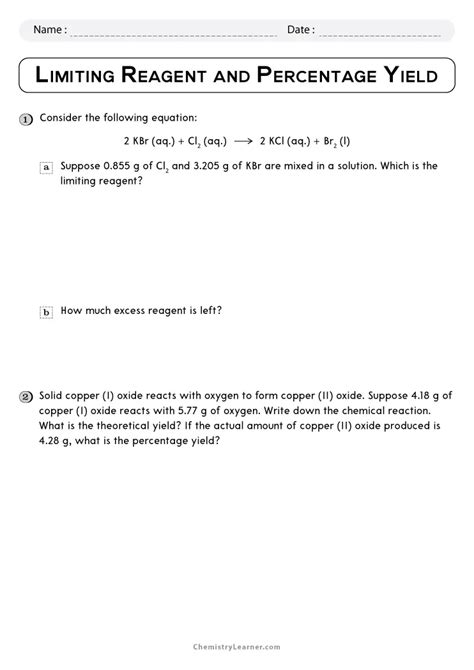 Free Printable Limiting Reactant and Percent Yield Worksheets