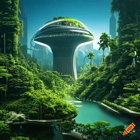 Futuristic green jungle spaceport on Craiyon