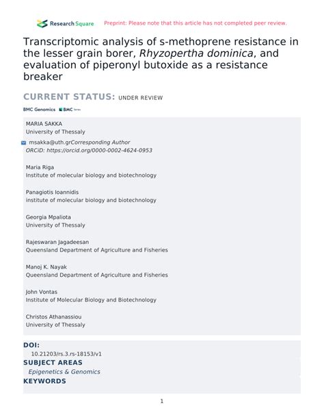 (PDF) Transcriptomic analysis of s-methoprene resistance in the lesser ...