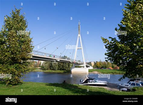 Cable-stayed bridge in the city Tartu, Estonia over the river "Emajõgi ...