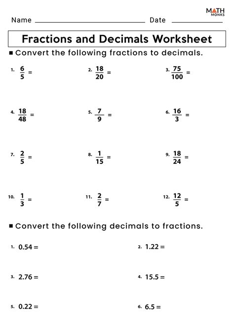 Convert Fraction To Decimal Worksheets