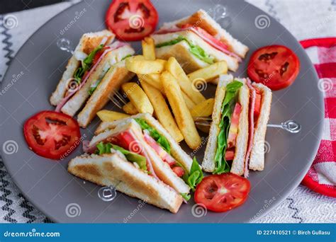 4 Club Sandwich Slices Laid Out on a Gray Plate with Tomatoes and Fries ...