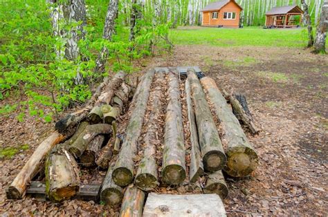 Premium Photo | A log pile in front of a house with a house in the ...