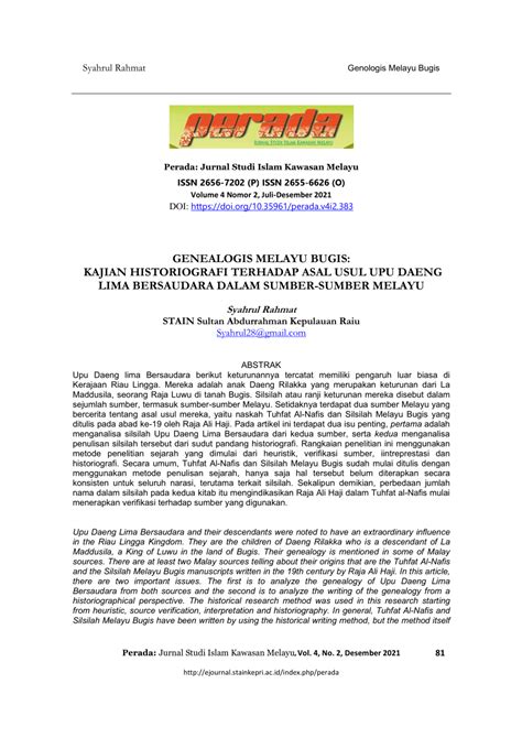 (PDF) GENEALOGIS MELAYU BUGIS: KAJIAN HISTORIOGRAFI TERHADAP ASAL USUL UPU DAENG LIMA BERSAUDARA ...