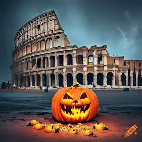 Photograph of colosseum in rome with halloween pumpkins