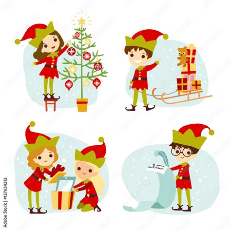 Elves Santa's helpers cartoon vector illustration. Set of Santa Claus ...