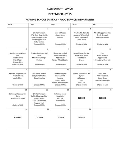 December Elementary Lunch Menu