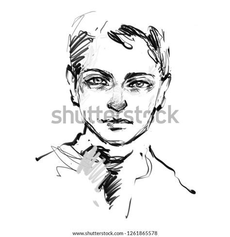 Стоковая иллюстрация «Handsome Guy Face Black White Ink», 1261865578