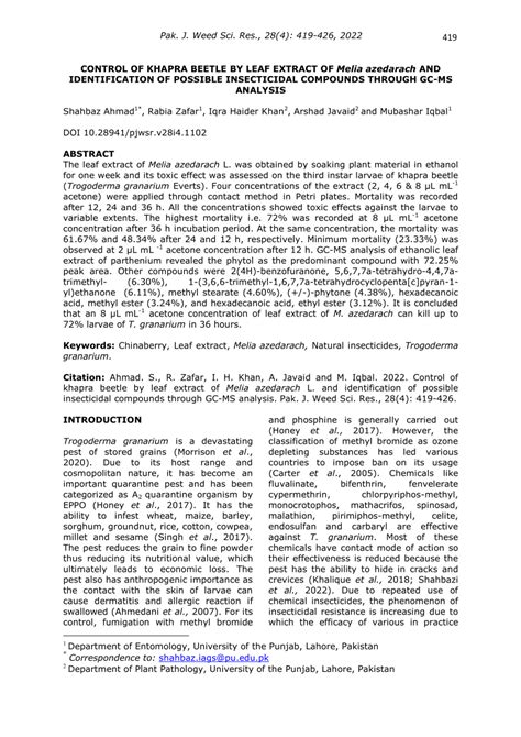 (PDF) Control of khapra beetle by leaf extract of Melia azedarach and identification of possible ...