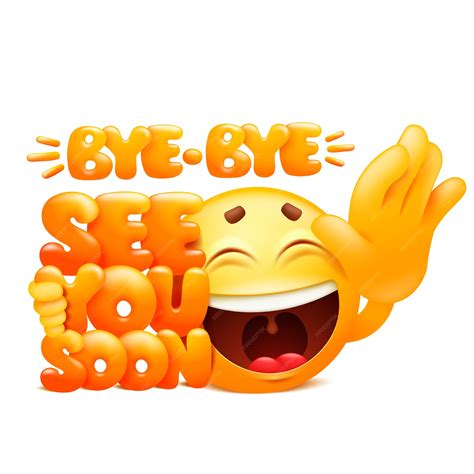 Premium Vector | See you soon. By-bye web sticker. Yellow emoji cartoon character. Emoticon ...