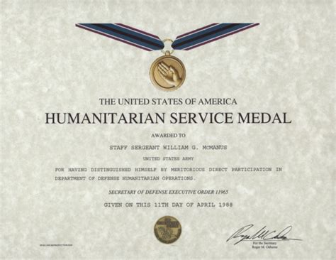 Humanitarian Service Medal Certificate, Replacement Award Certificate