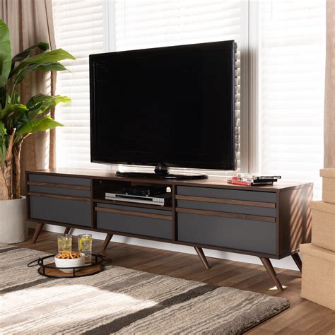 Baxton Studio Naoki Modern and Contemporary Two-Tone Grey and Walnut Finished Wood TV Stand with ...