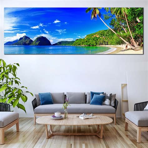 Tropical Island Canvas Wall Art, Green Palm Trees Panoramic Canvas, Blue Sky Ocean Beach Canvas ...