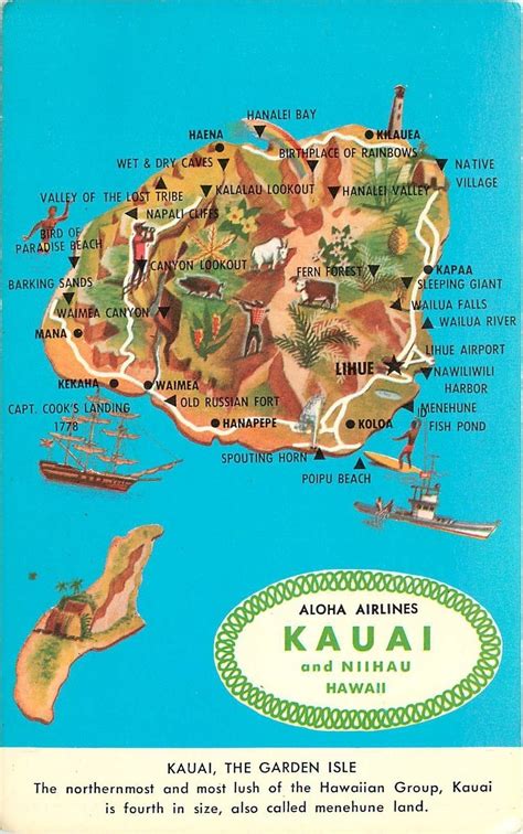 vintage kauai and Niihau Hawaii postcard map aloha airlines | Kauai, Kauai vacation, Kauai map