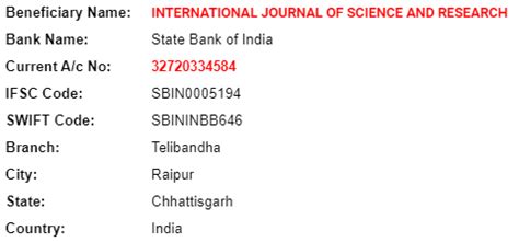 Bank Account Details: International Journal of Science and Research (IJSR)