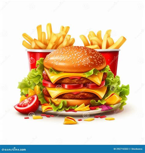 Realistic Cartoon Vector Illustration of Hamburger and Fries Stock Illustration - Illustration ...