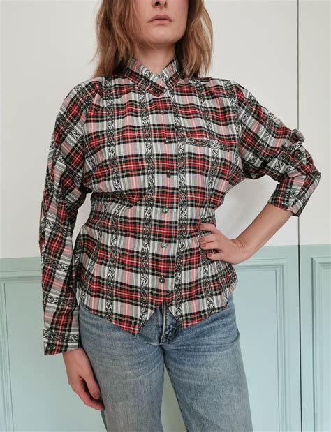 Vintage 90's Checkered Blouse Tartan Plaid Red White | Etsy