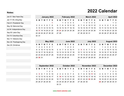 Yearly Calendar 2022 | Free Download and Print