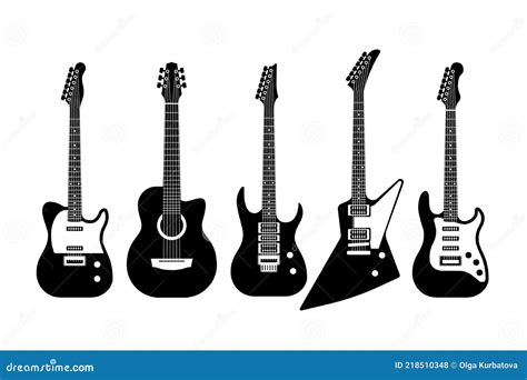 Guitars Black and White. Acoustic and Electric Guitar Outline Musical Instruments, Various Forms ...