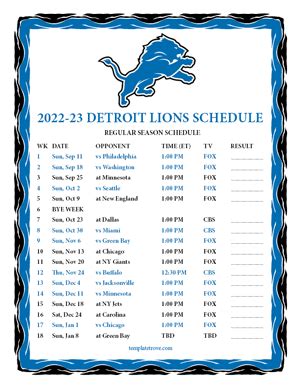 Printable 2022-2023 Detroit Lions Schedule