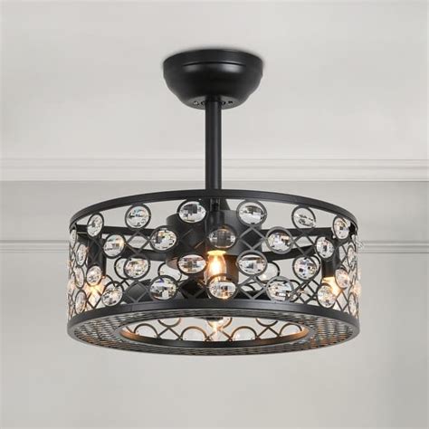 Modern Industrial Crystal Drum Fandelier Black Caged Ceiling Fan with Light - Bed Bath & Beyond ...