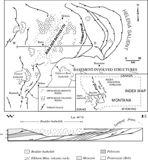 Map and cross-section of Boulder batholith and Helena salient of ...