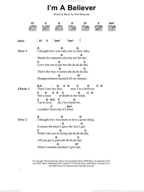 Monkees - I'm A Believer sheet music for guitar (chords) [PDF]