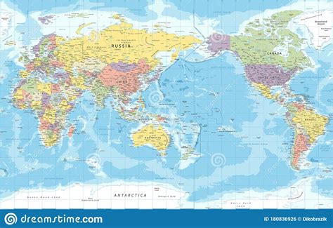 World Map - Pacific View - Asia China Center - Political Topographic - Vector Detailed ...